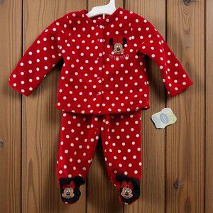 Disney Minnie Mouse 3-6M Outfit Red Polka Dot Snap Button Fleece Footed Pant NWT
